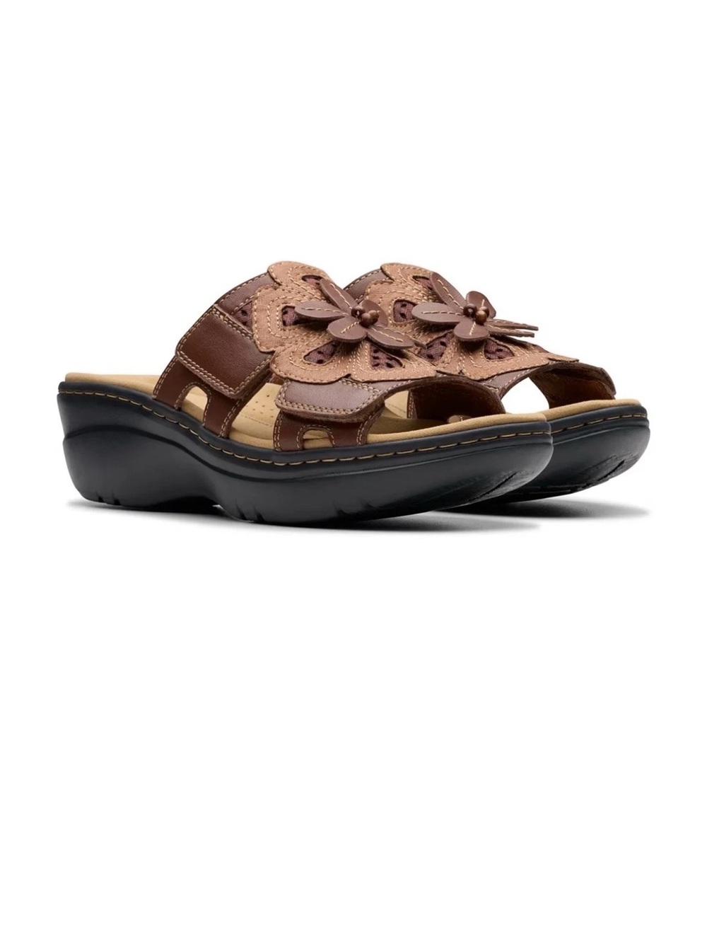 Clarks Merliah2 Belle Women's Sandal in Brown, Floral 3D Flower Wedge Sandals
